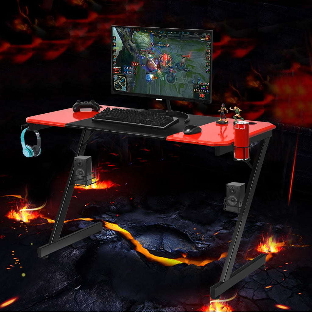 Z-Shape Gaming Desk with Cup Holder, Headphone Hook, and Speaker Stand in Black/Red