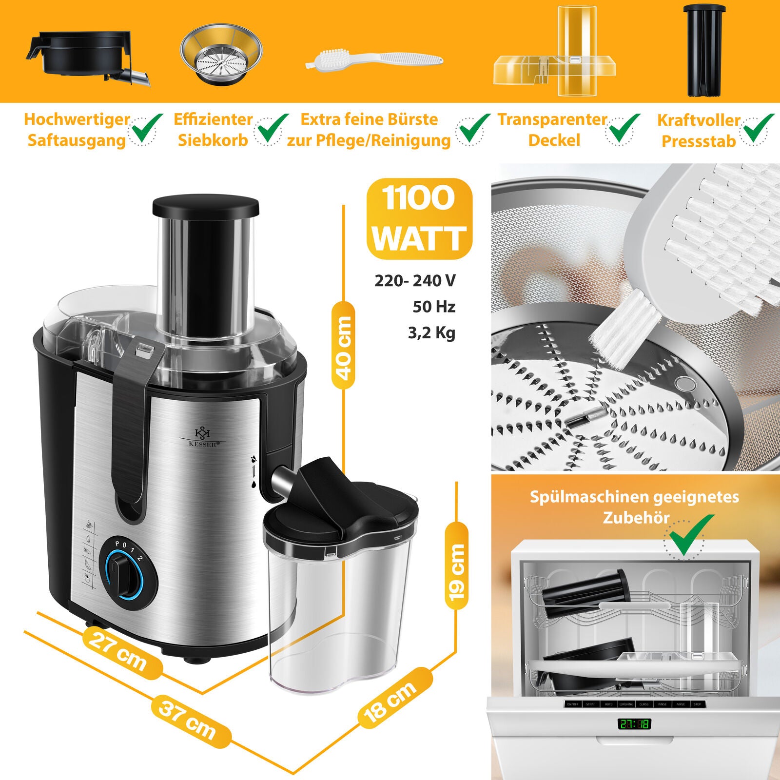 KESSER® 1100W Stainless Steel Fruit Juicer - Powerful 85mm Juice Press for Freshly Squeezed Goodness