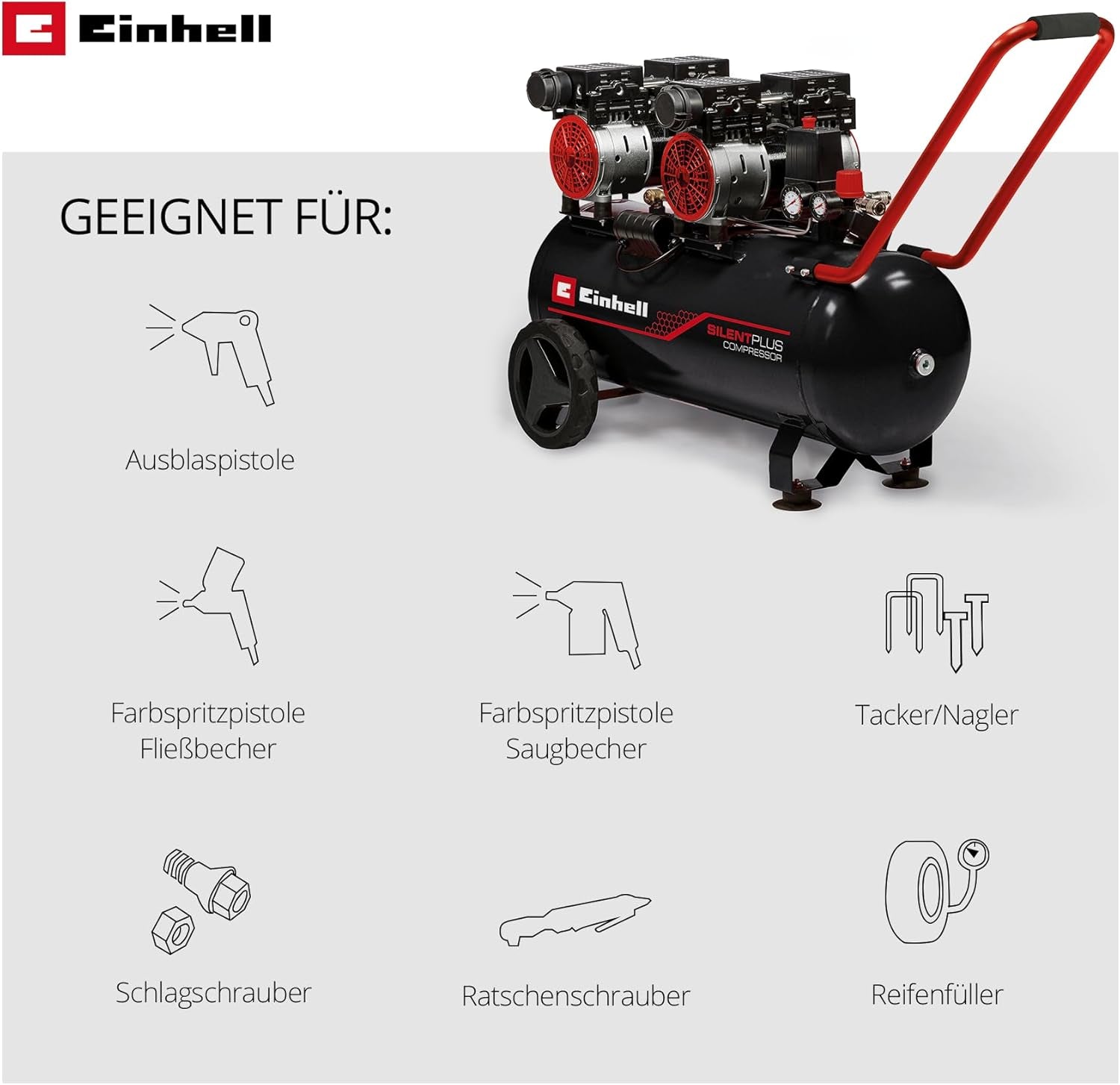 Einhell TE-AC 270/50 Silent Plus Air Compressor - 1500W, 8 Bar Max Pressure, 50L Tank, 270 L/min Flow, Oil-Free, Quiet Operation