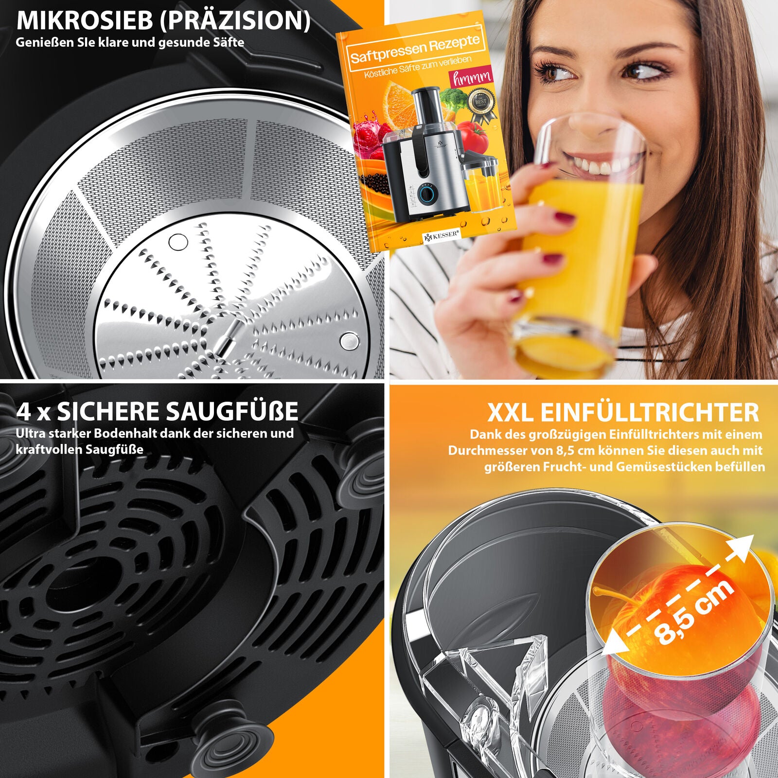 KESSER® 1100W Stainless Steel Fruit Juicer - Powerful 85mm Juice Press for Freshly Squeezed Goodness