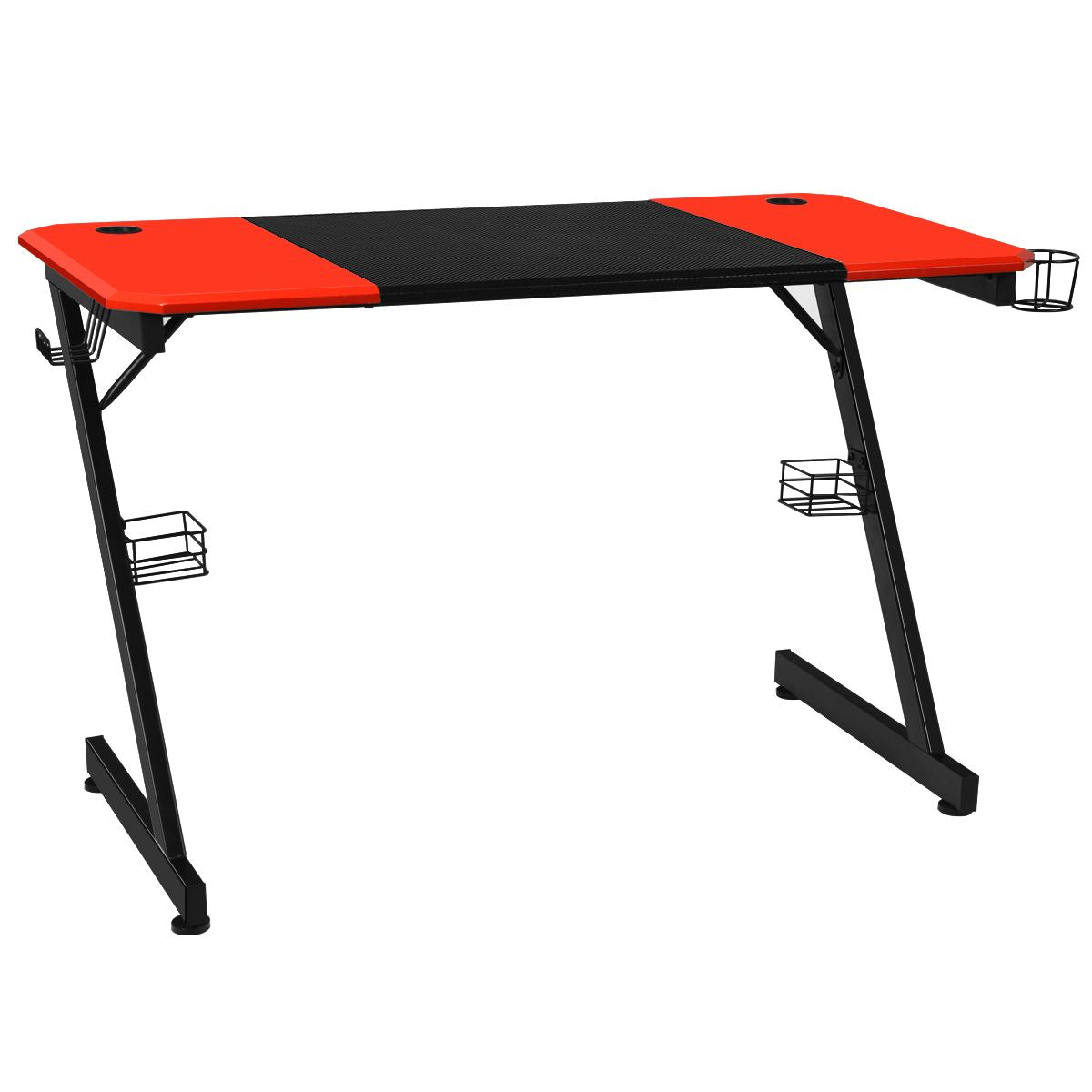 Z-Shape Gaming Desk with Cup Holder, Headphone Hook, and Speaker Stand in Black/Red