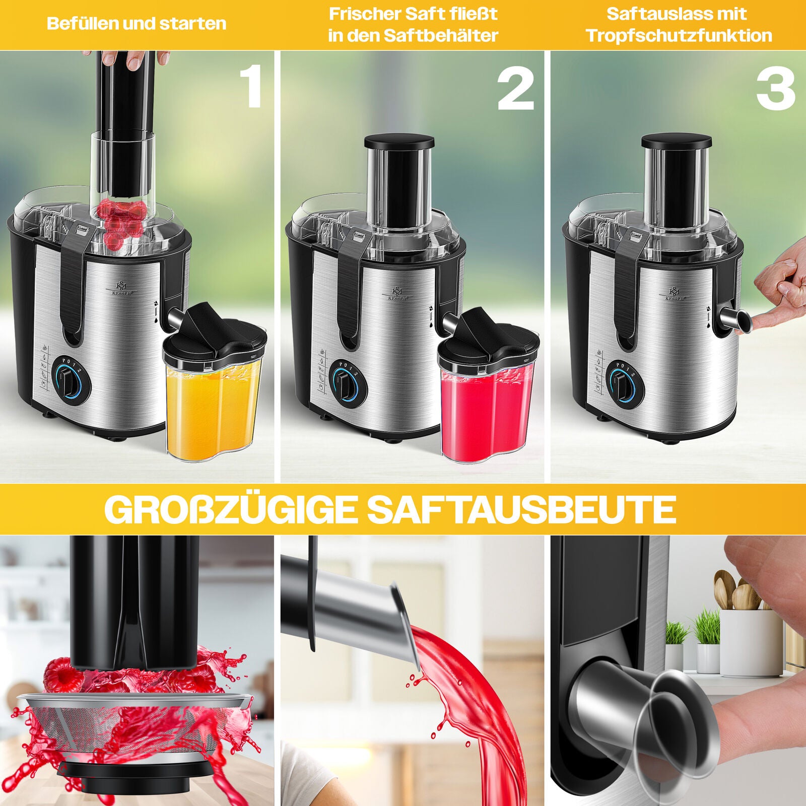 KESSER® 1100W Stainless Steel Fruit Juicer - Powerful 85mm Juice Press for Freshly Squeezed Goodness