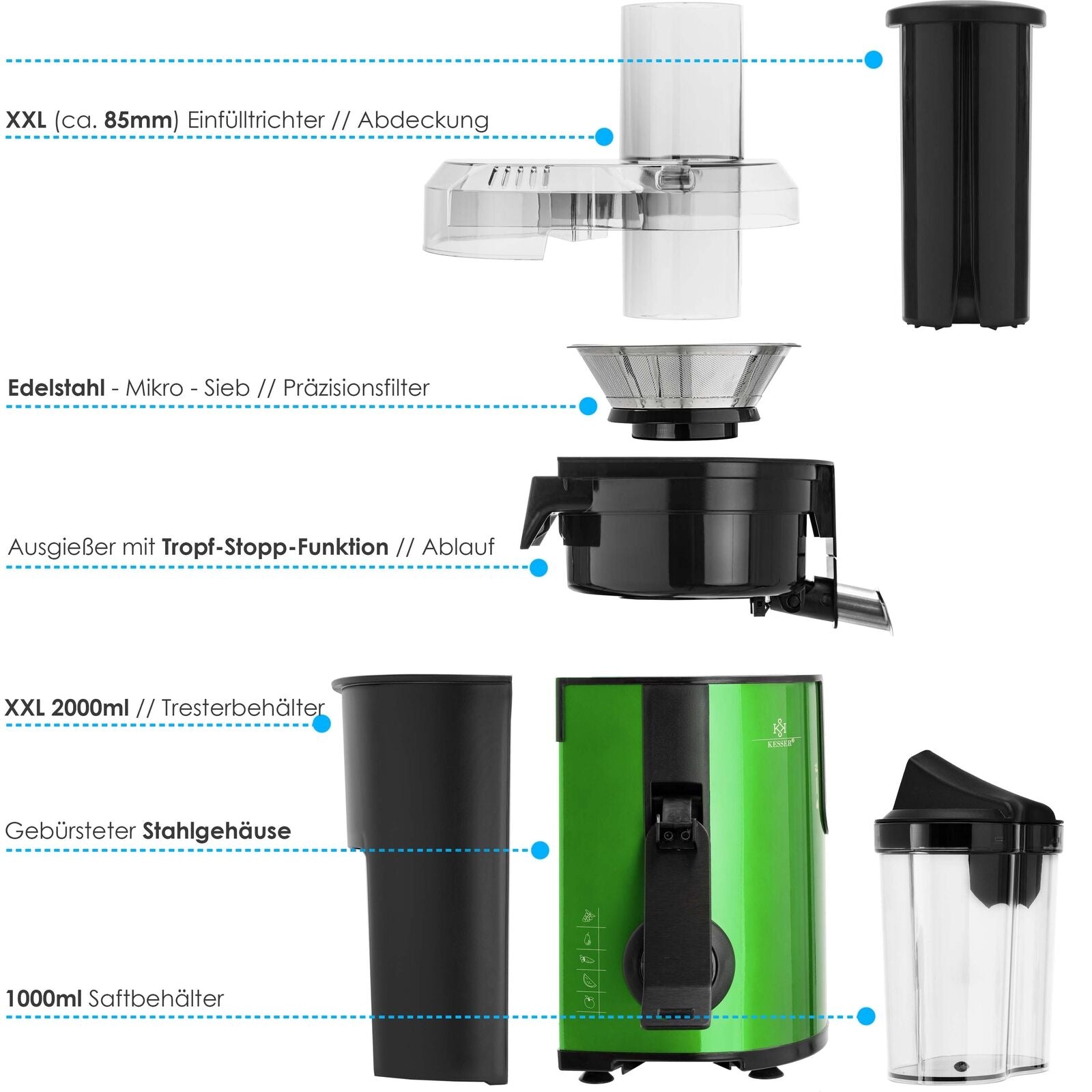 KESSER® 1100W Stainless Steel Fruit Juicer - Powerful 85mm Juice Press for Freshly Squeezed Goodness