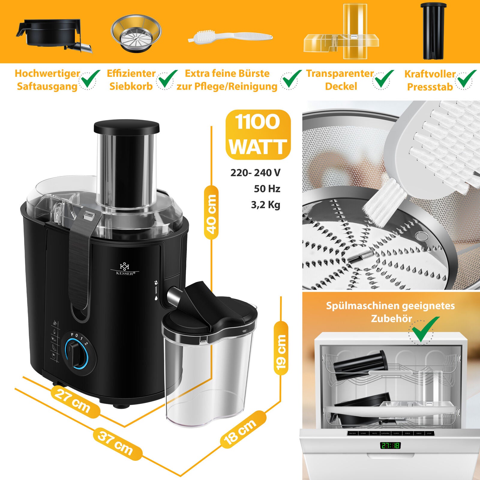 KESSER® 1100W Stainless Steel Fruit Juicer - Powerful 85mm Juice Press for Freshly Squeezed Goodness