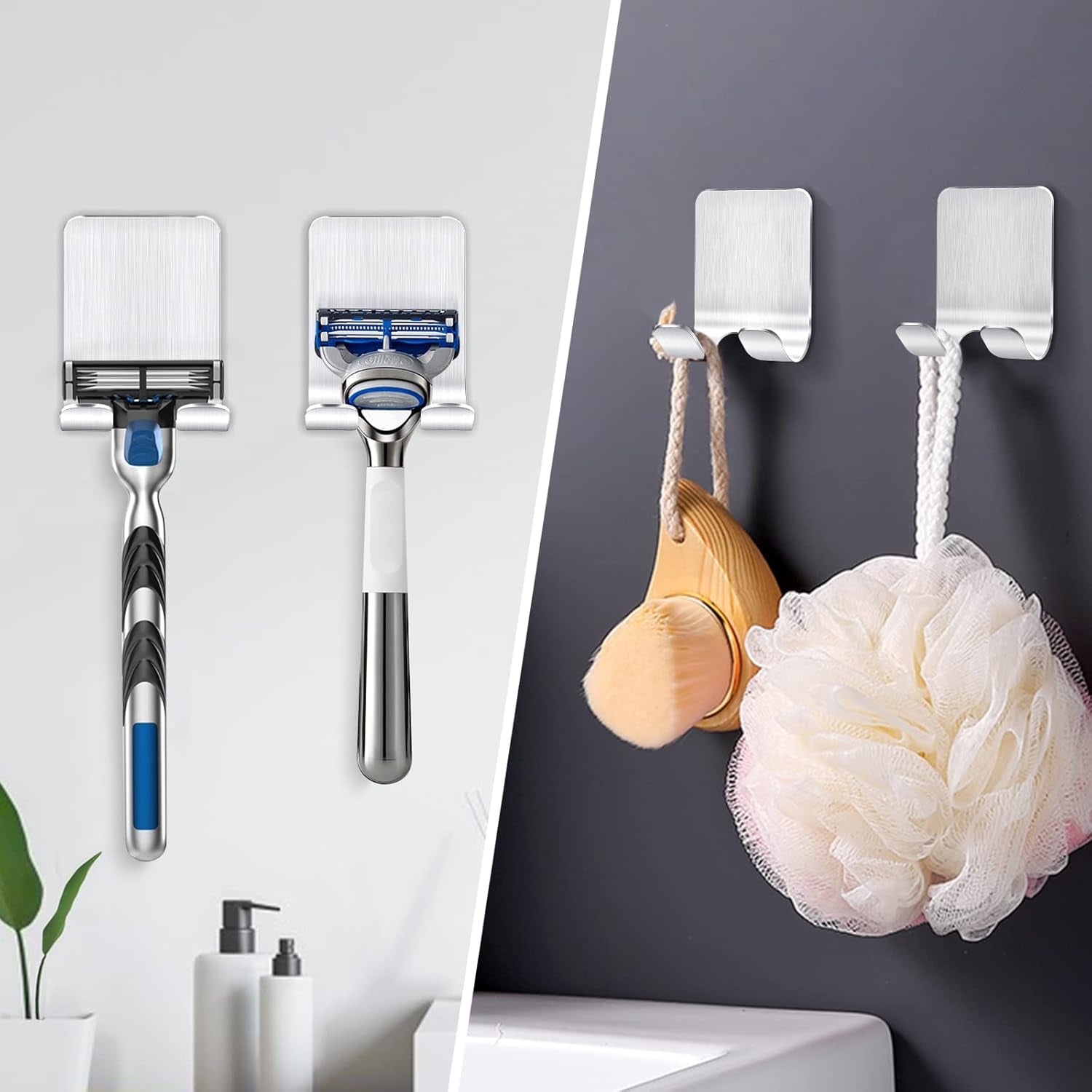 2er Set Selbstklebende Rasiererhalter für die Dusche – Edelstahl Haken ohne Bohren, Perfekte Badezimmer Aufbewahrungslösung in Silber