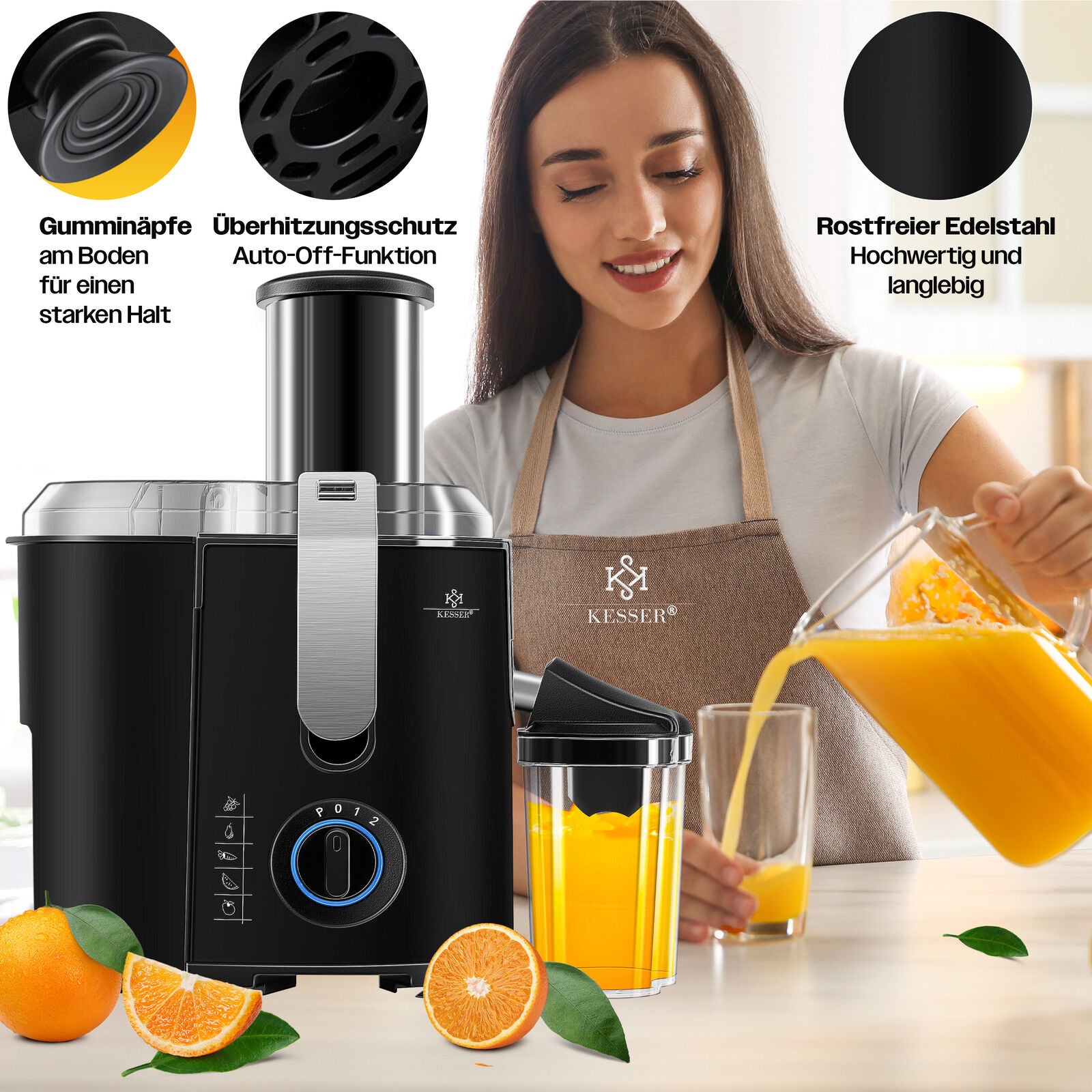 KESSER® 1100W Stainless Steel Fruit Juicer - Powerful 85mm Juice Press for Freshly Squeezed Goodness