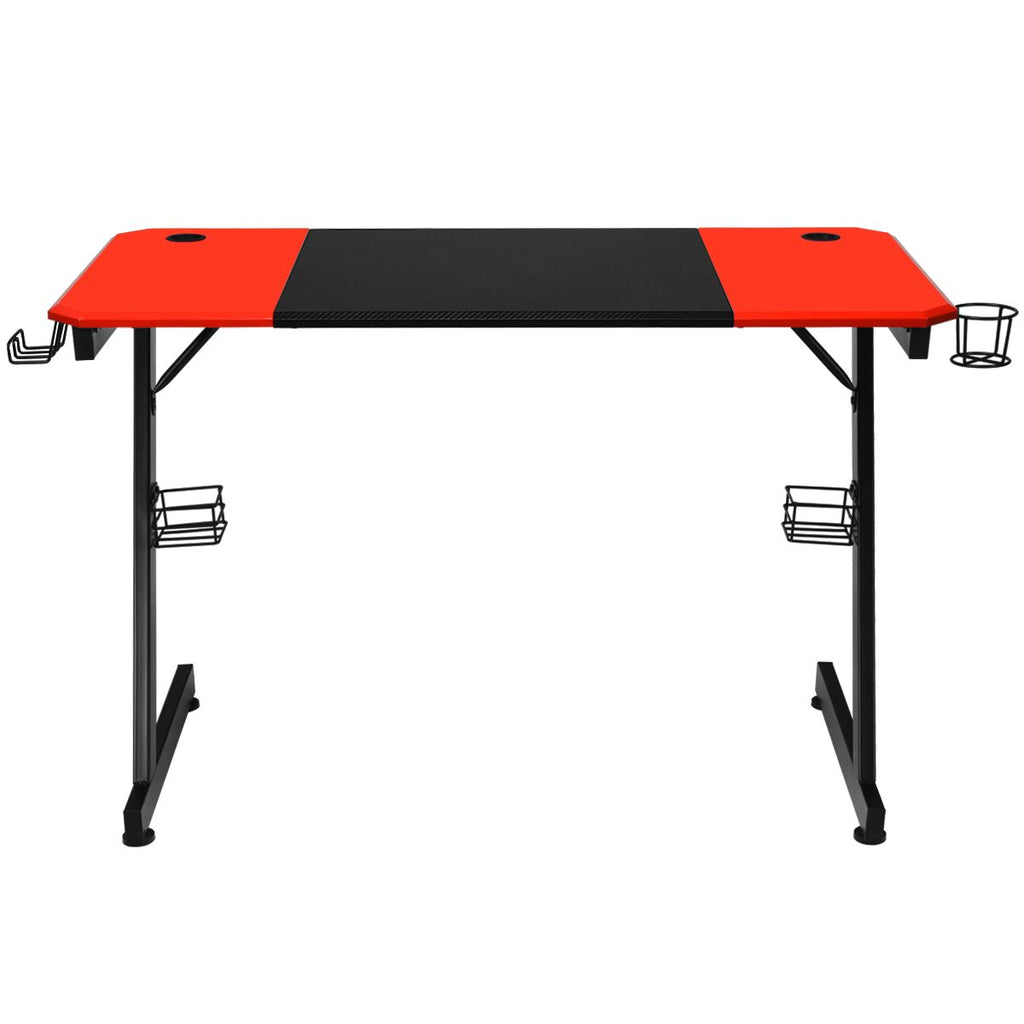 Z-Shape Gaming Desk with Cup Holder, Headphone Hook, and Speaker Stand in Black/Red
