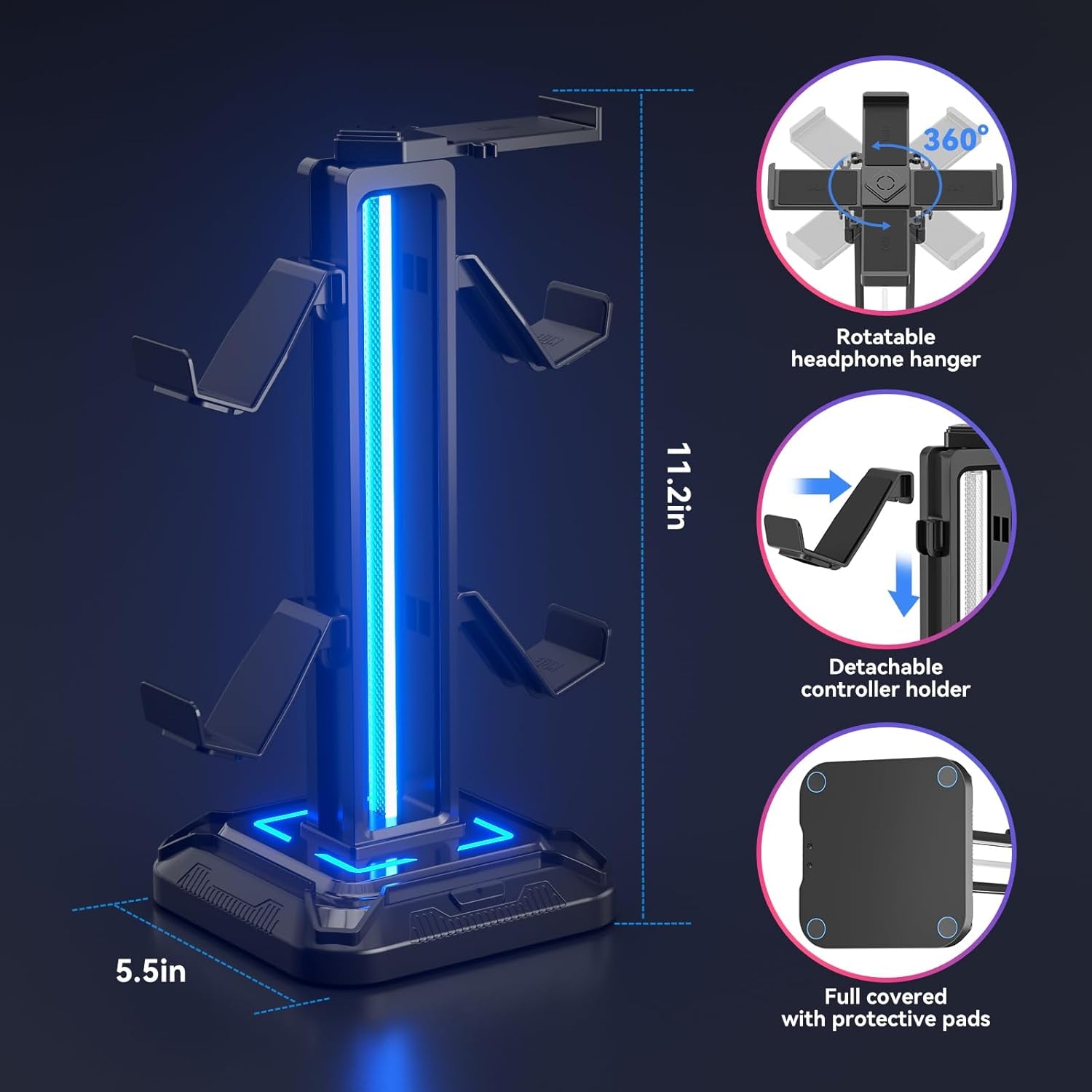 KDD RGB Gaming Headset Stand with 9 Light Modes - Rotating Controller Holder & Removable Hook for PS5, Xbox One & PC (Black)