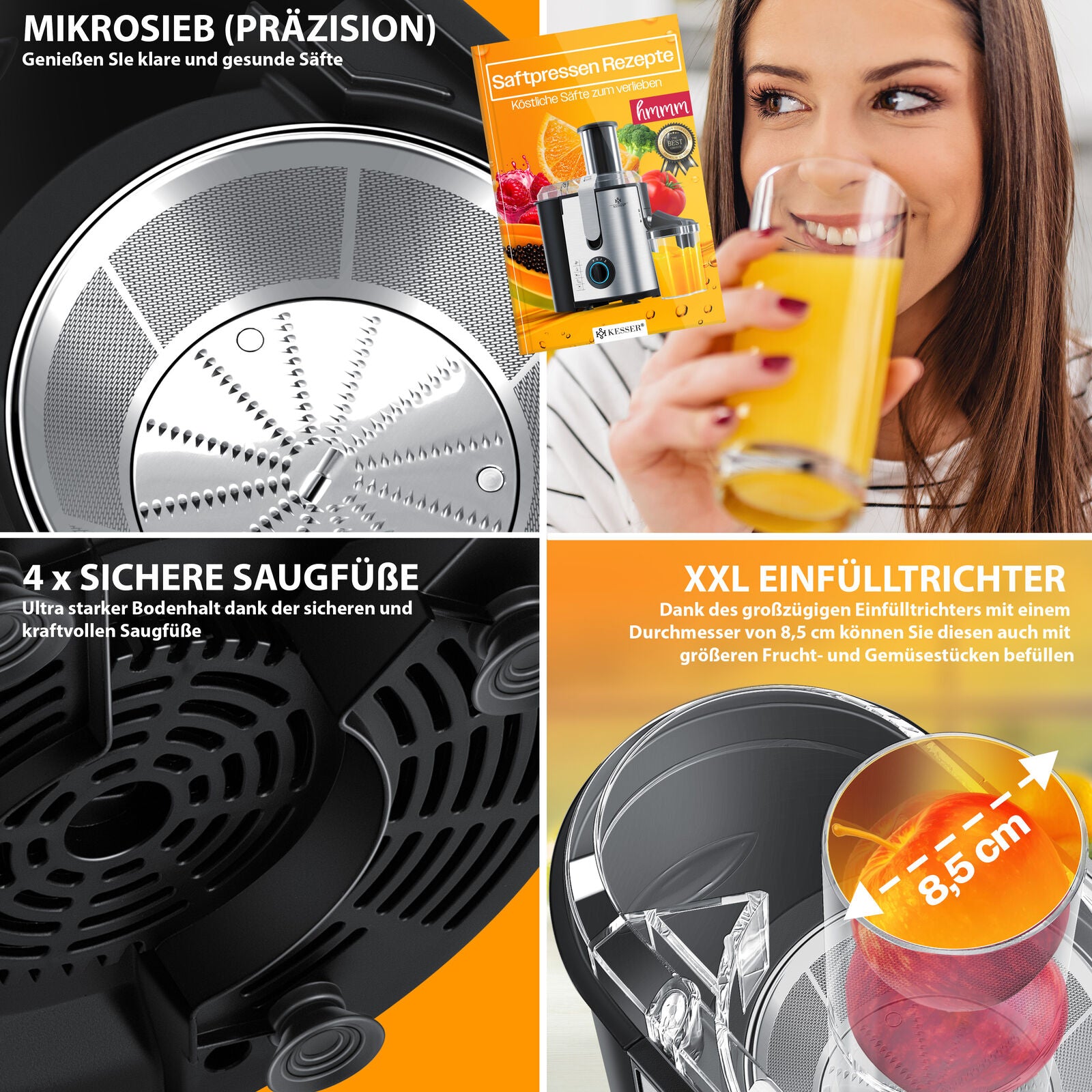 KESSER® 1100W Stainless Steel Fruit Juicer - Powerful 85mm Juice Press for Freshly Squeezed Goodness