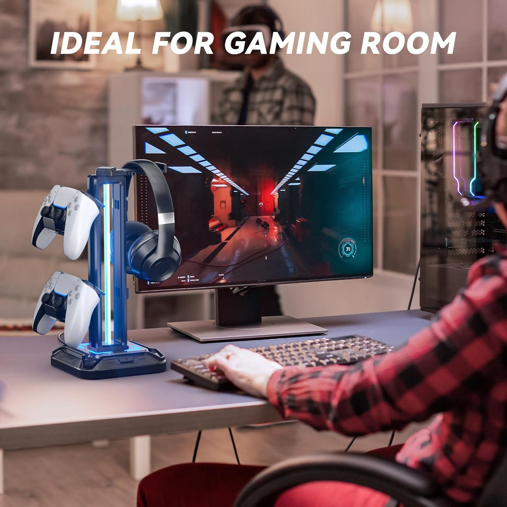 KDD RGB Gaming Headset Stand with 9 Light Modes - Rotating Controller Holder & Removable Hook for PS5, Xbox One & PC (Black)