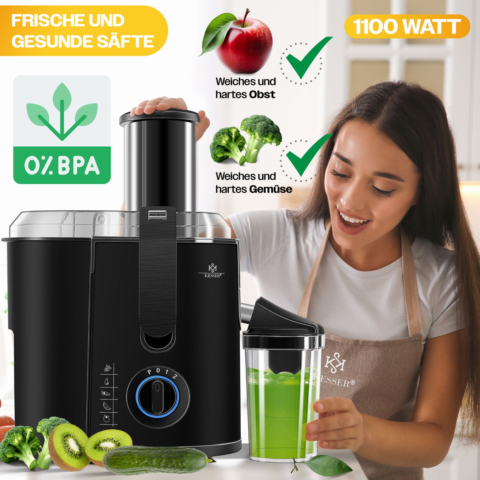 KESSER® 1100W Stainless Steel Fruit Juicer - Powerful 85mm Juice Press for Freshly Squeezed Goodness