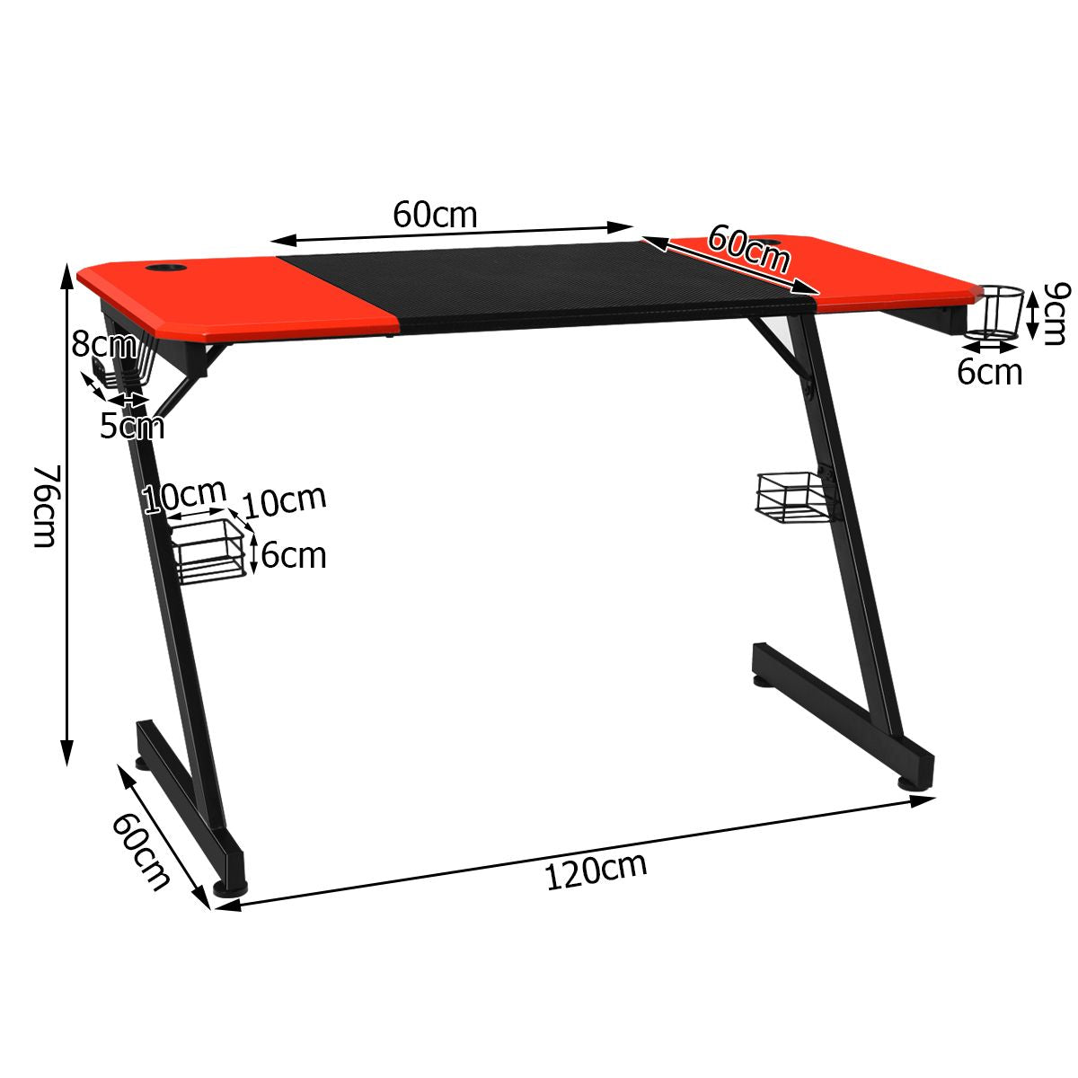 Z-Shape Gaming Desk with Cup Holder, Headphone Hook, and Speaker Stand in Black/Red