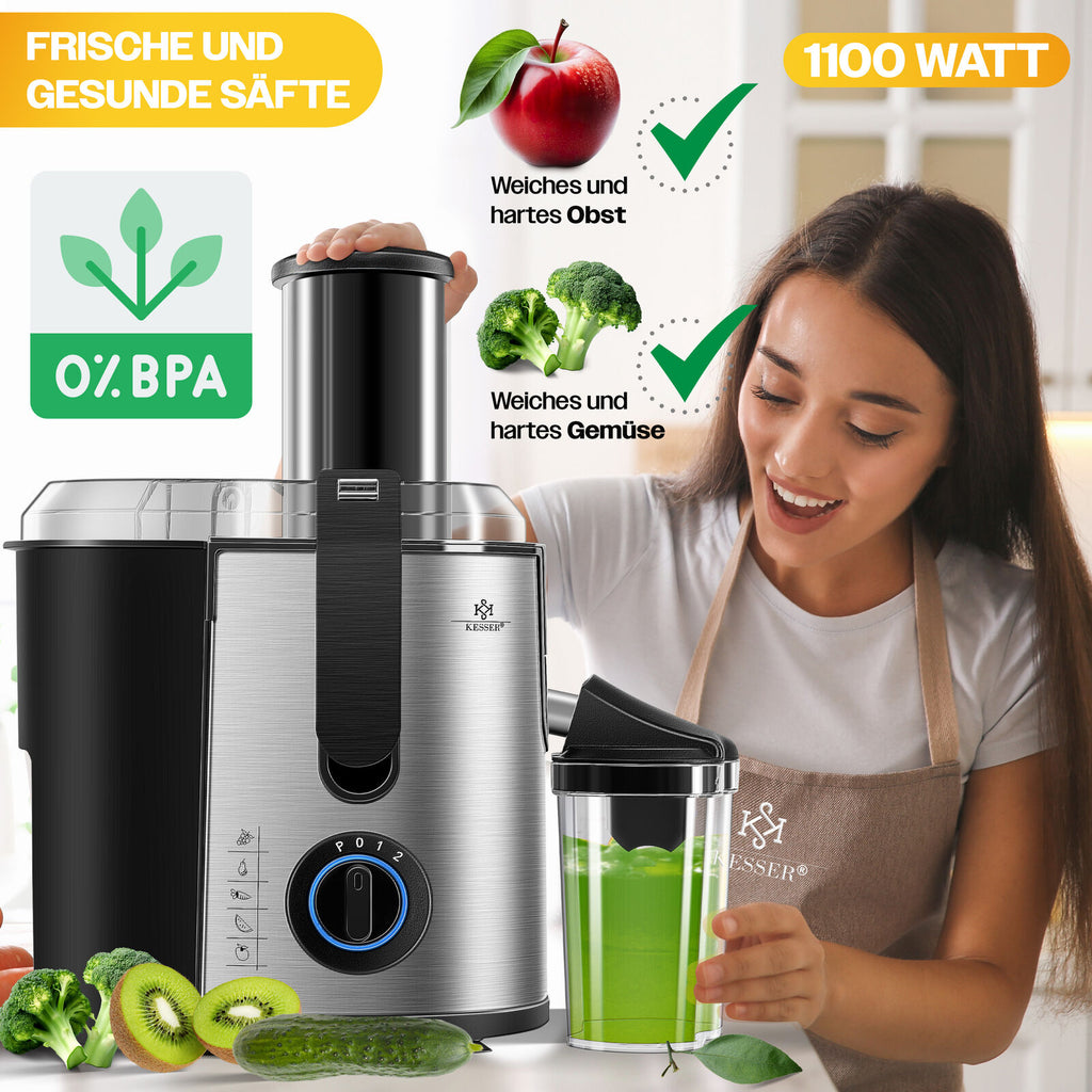 KESSER® 1100W Stainless Steel Fruit Juicer - Powerful 85mm Juice Press for Freshly Squeezed Goodness