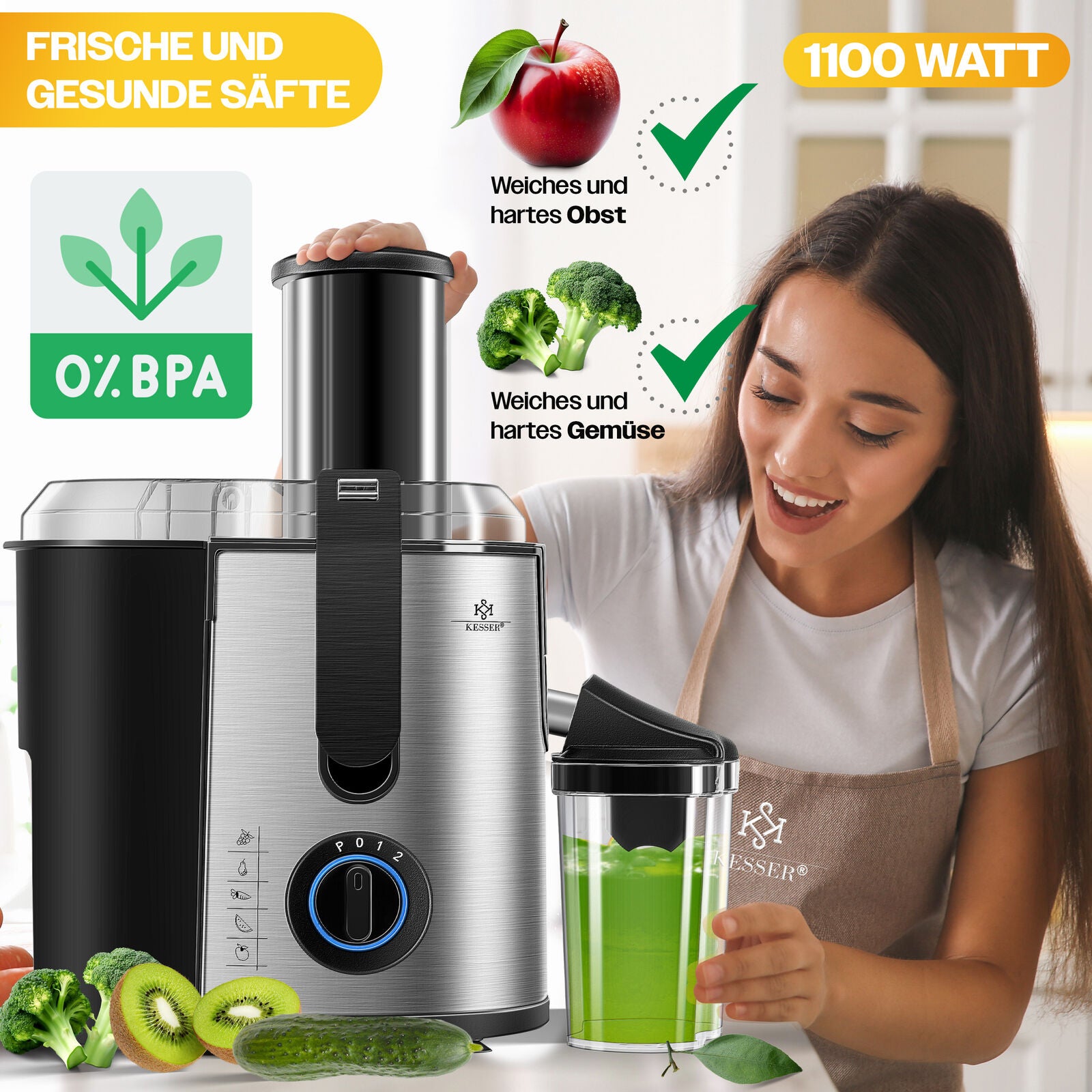 KESSER® 1100W Stainless Steel Fruit Juicer - Powerful 85mm Juice Press for Freshly Squeezed Goodness