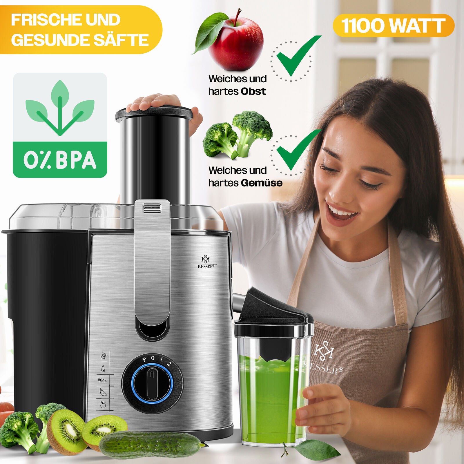 KESSER® 1100W Stainless Steel Fruit Juicer - Powerful 85mm Juice Press for Freshly Squeezed Goodness