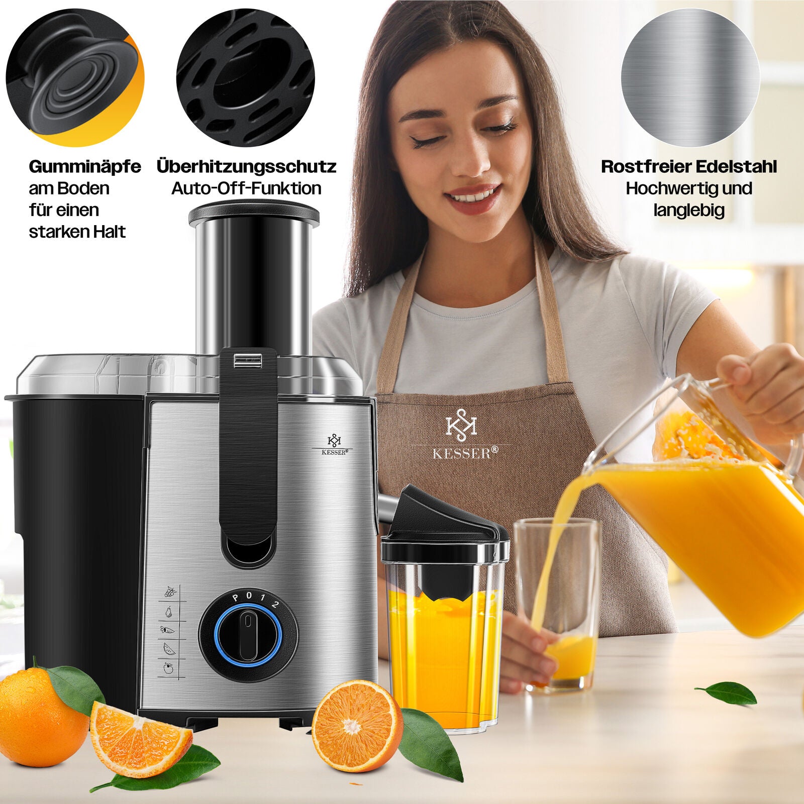 KESSER® 1100W Stainless Steel Fruit Juicer - Powerful 85mm Juice Press for Freshly Squeezed Goodness