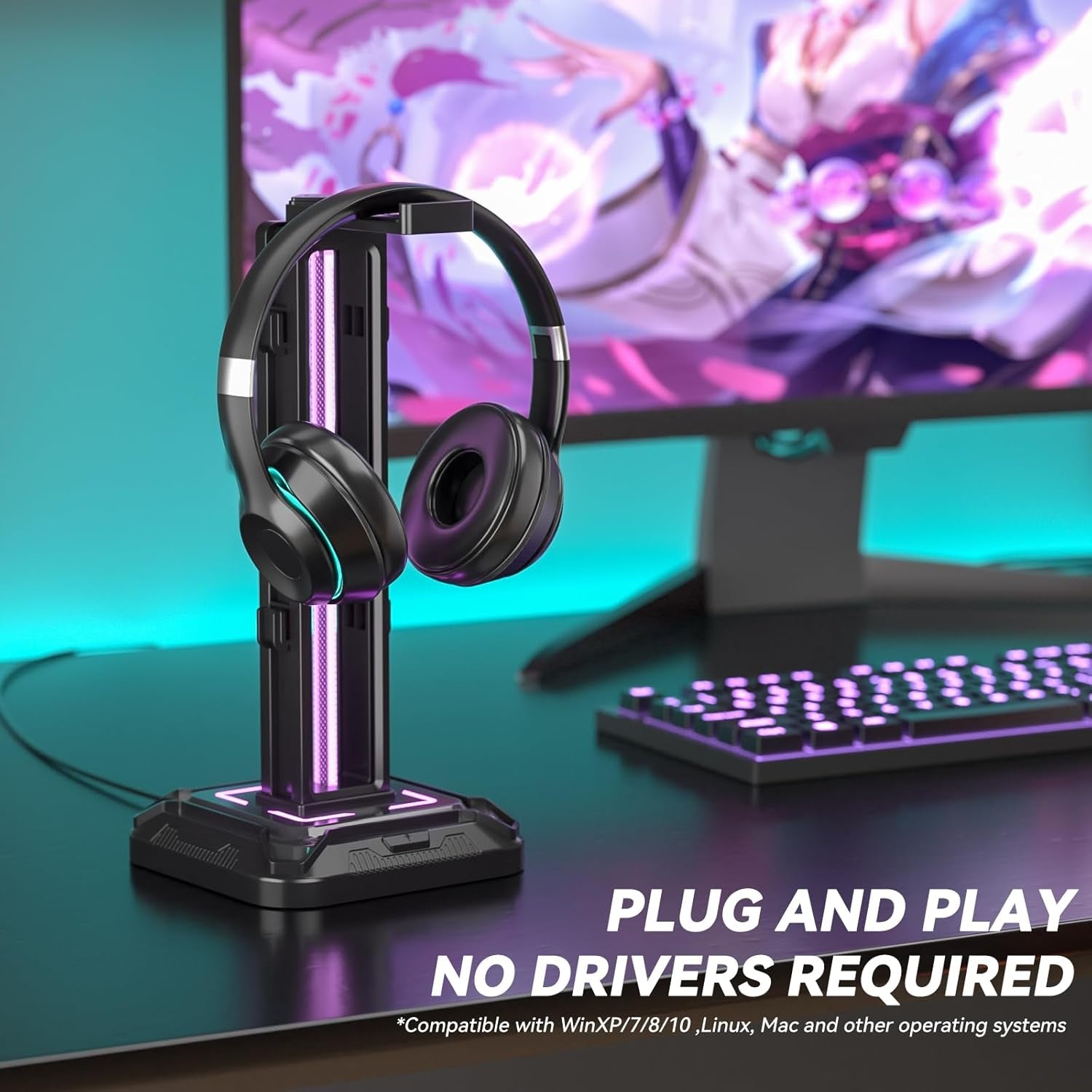 KDD RGB Gaming Headset Stand with 9 Light Modes - Rotating Controller Holder & Removable Hook for PS5, Xbox One & PC (Black)