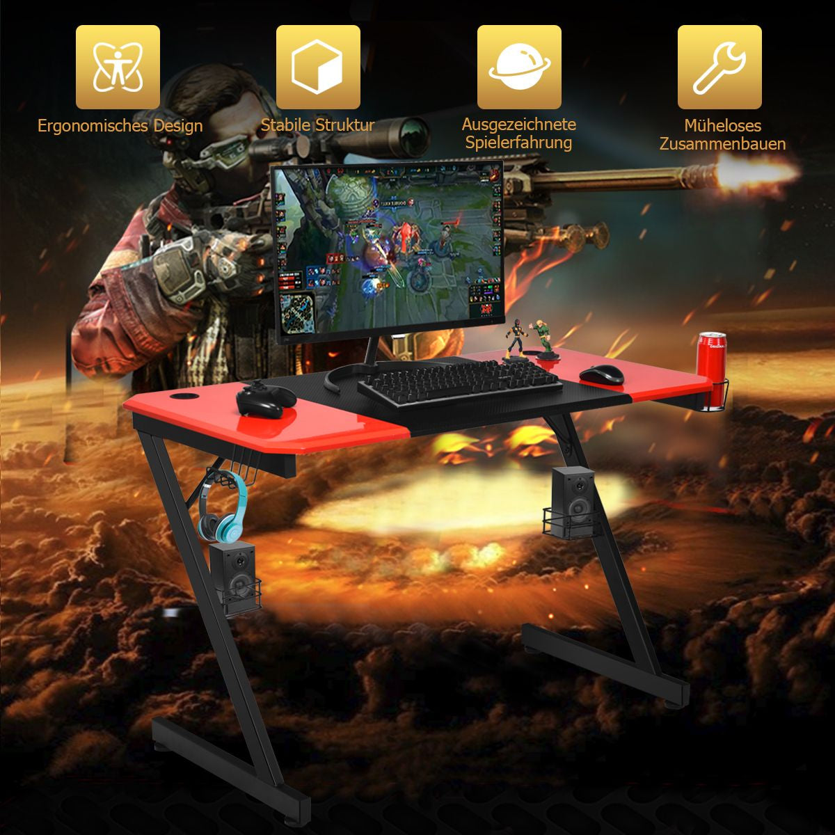 Z-Shape Gaming Desk with Cup Holder, Headphone Hook, and Speaker Stand in Black/Red