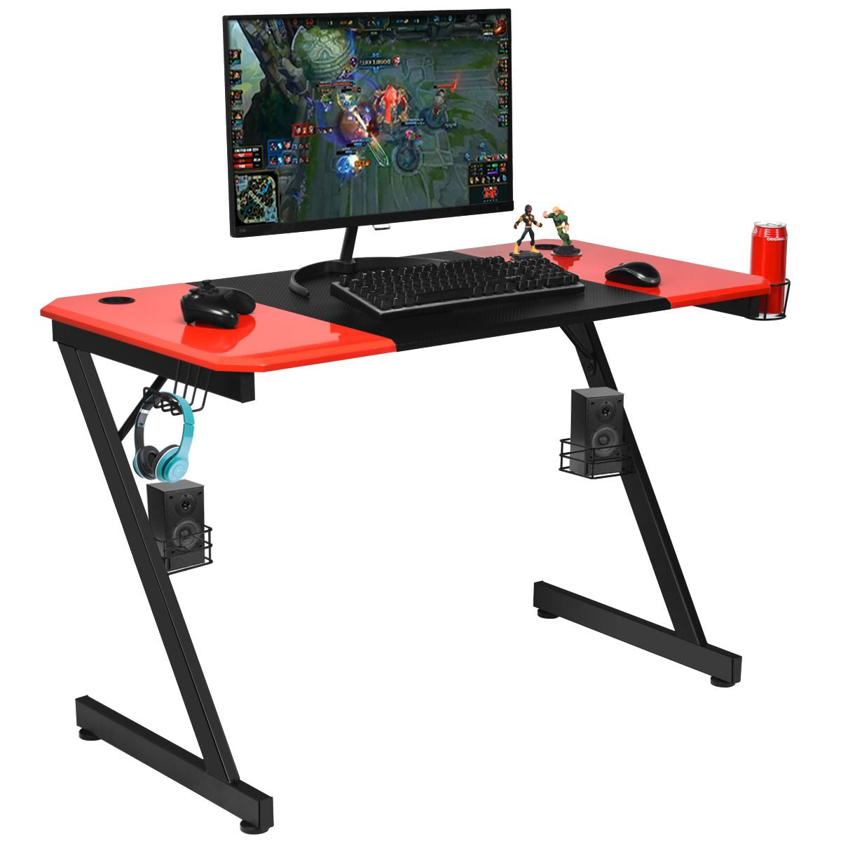 Z-Shape Gaming Desk with Cup Holder, Headphone Hook, and Speaker Stand in Black/Red