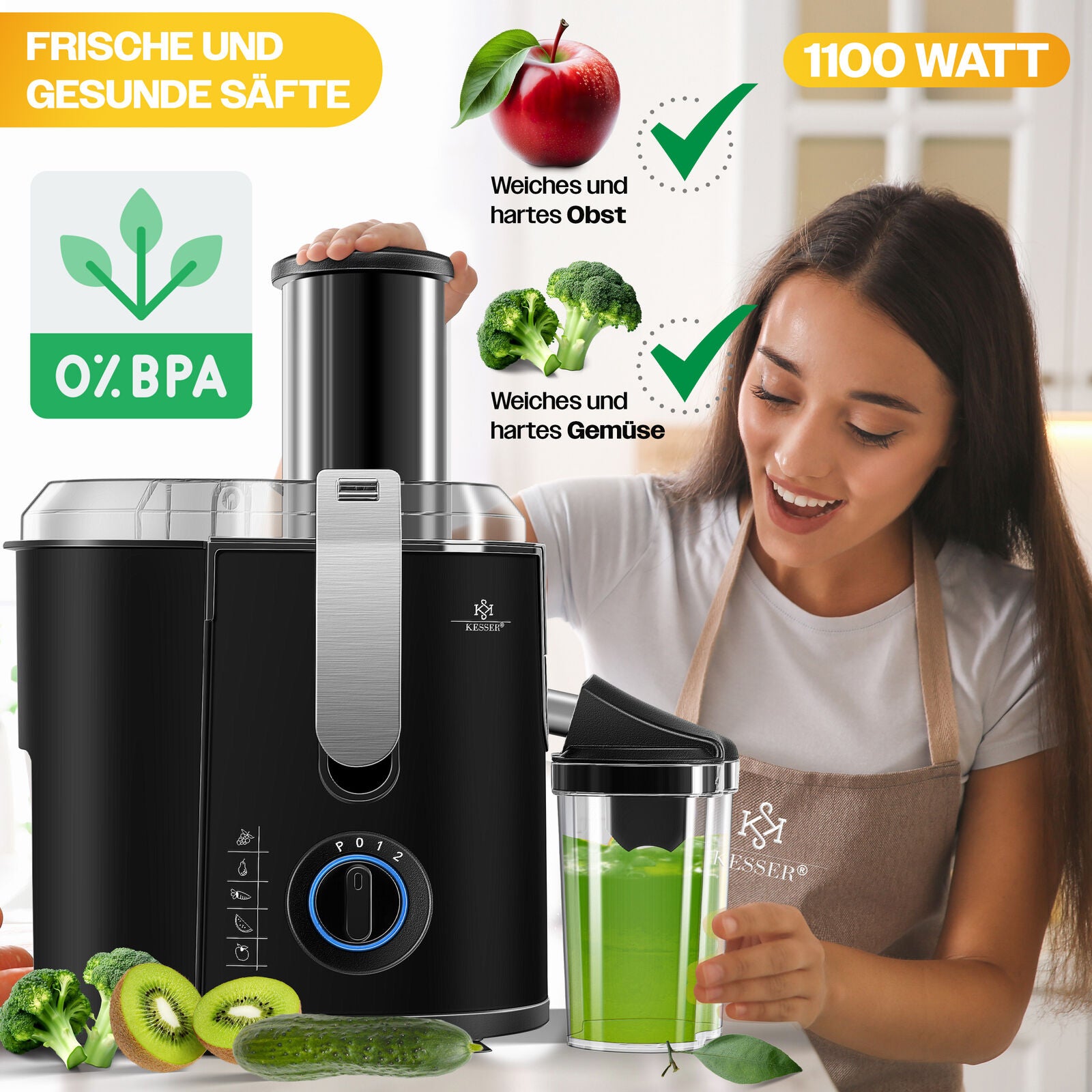 KESSER® 1100W Stainless Steel Fruit Juicer - Powerful 85mm Juice Press for Freshly Squeezed Goodness