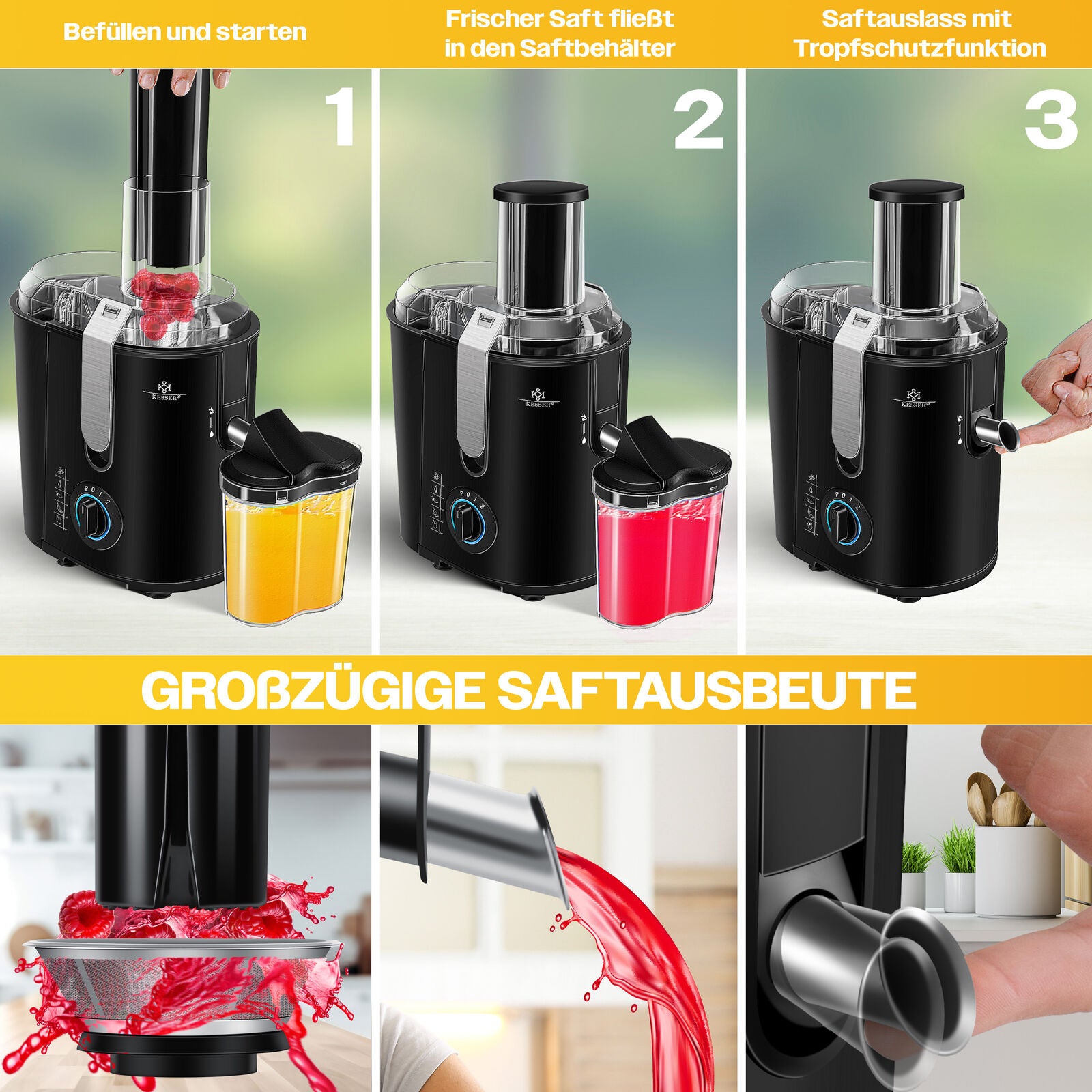 KESSER® 1100W Stainless Steel Fruit Juicer - Powerful 85mm Juice Press for Freshly Squeezed Goodness