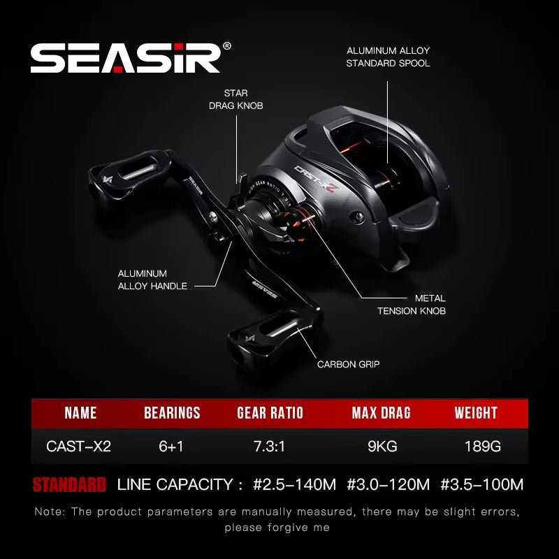 SEASIR Cast X2 Baitcasting Reel with 7.3:1 Gear Ratio, Hybrid Ceramic Bearings, Carbon Fiber Washers, and Dual Bearing System N52 Brake