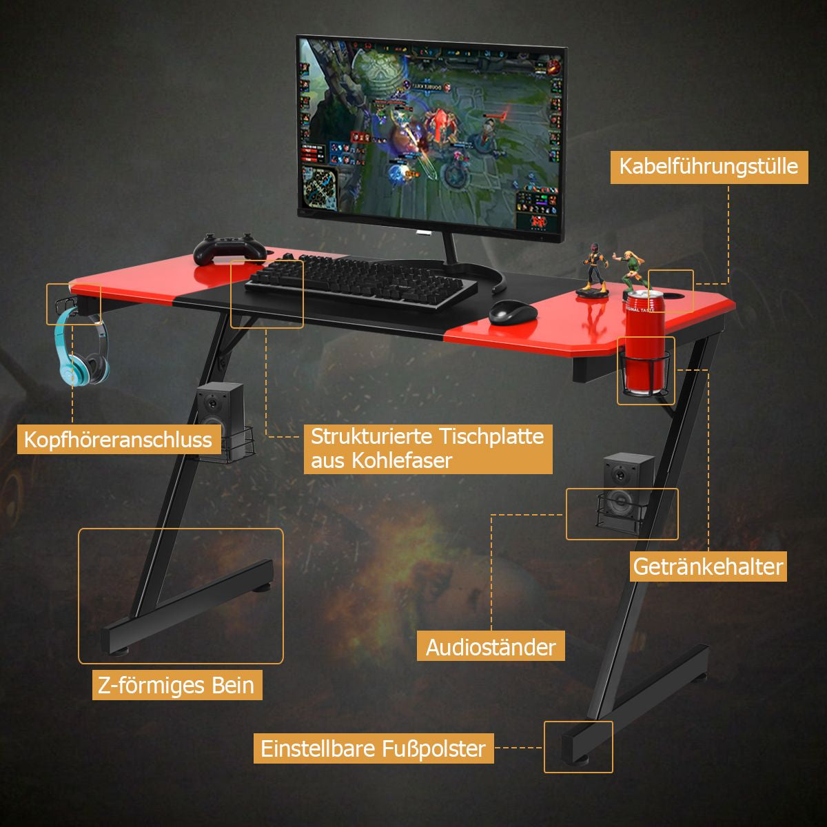 Z-Shape Gaming Desk with Cup Holder, Headphone Hook, and Speaker Stand in Black/Red