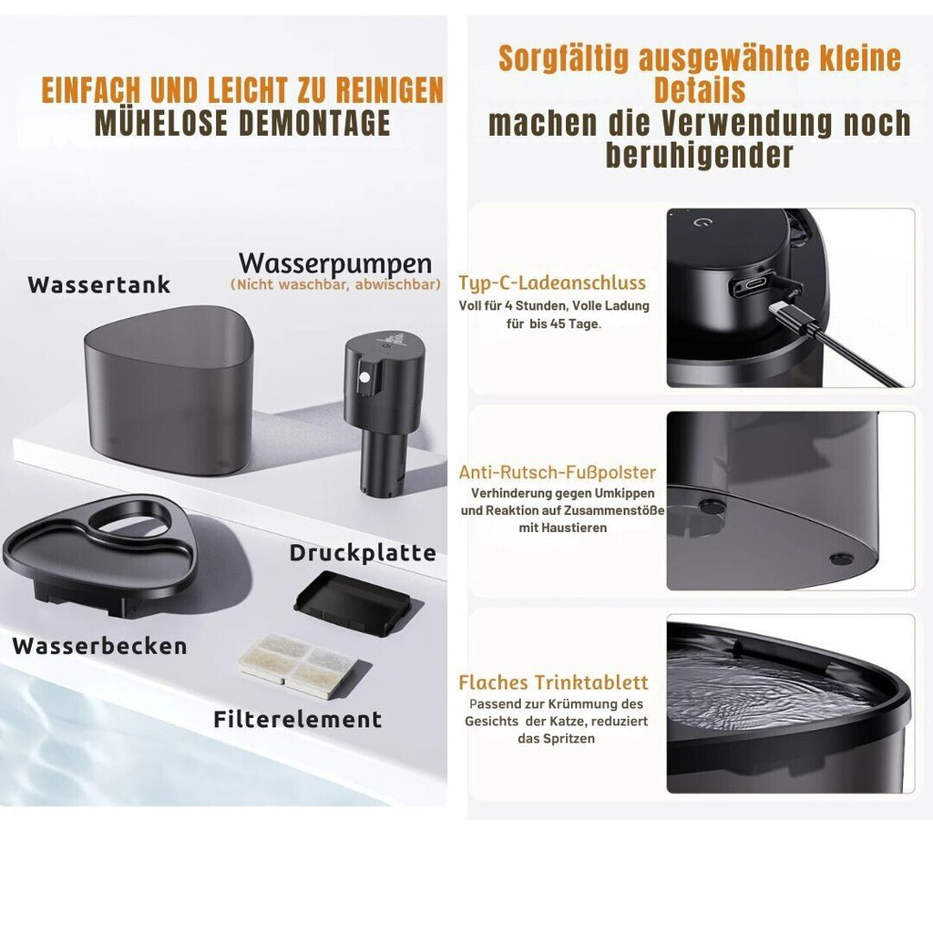 Kabelloser Katzenbrunnen mit Sensor - 2L, Ultra-Leise (30db) für glückliche und gesunde Katzen