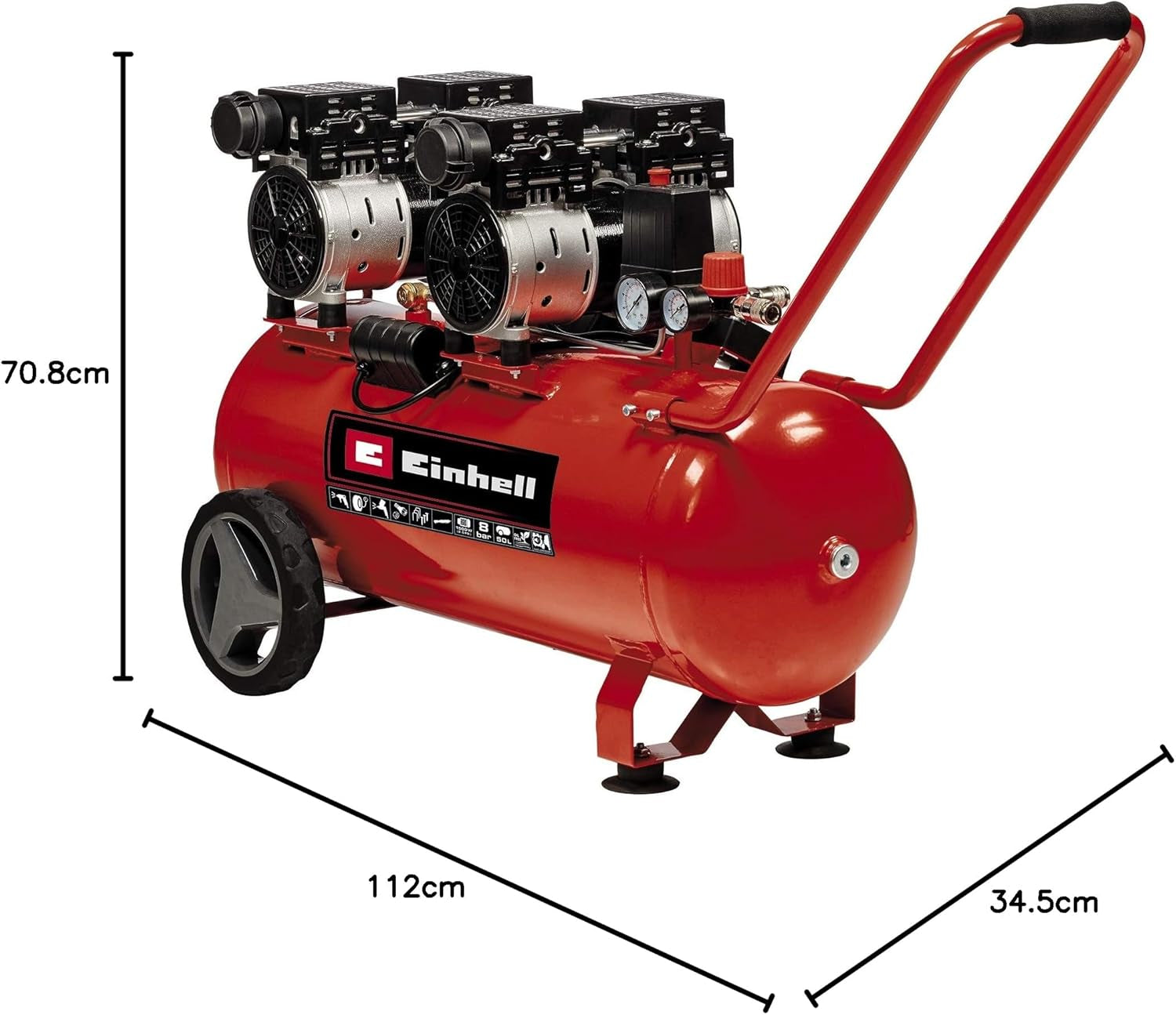 Einhell TE-AC 270/50 Silent Plus Air Compressor - 1500W, 8 Bar Max Pressure, 50L Tank, 270 L/min Flow, Oil-Free, Quiet Operation