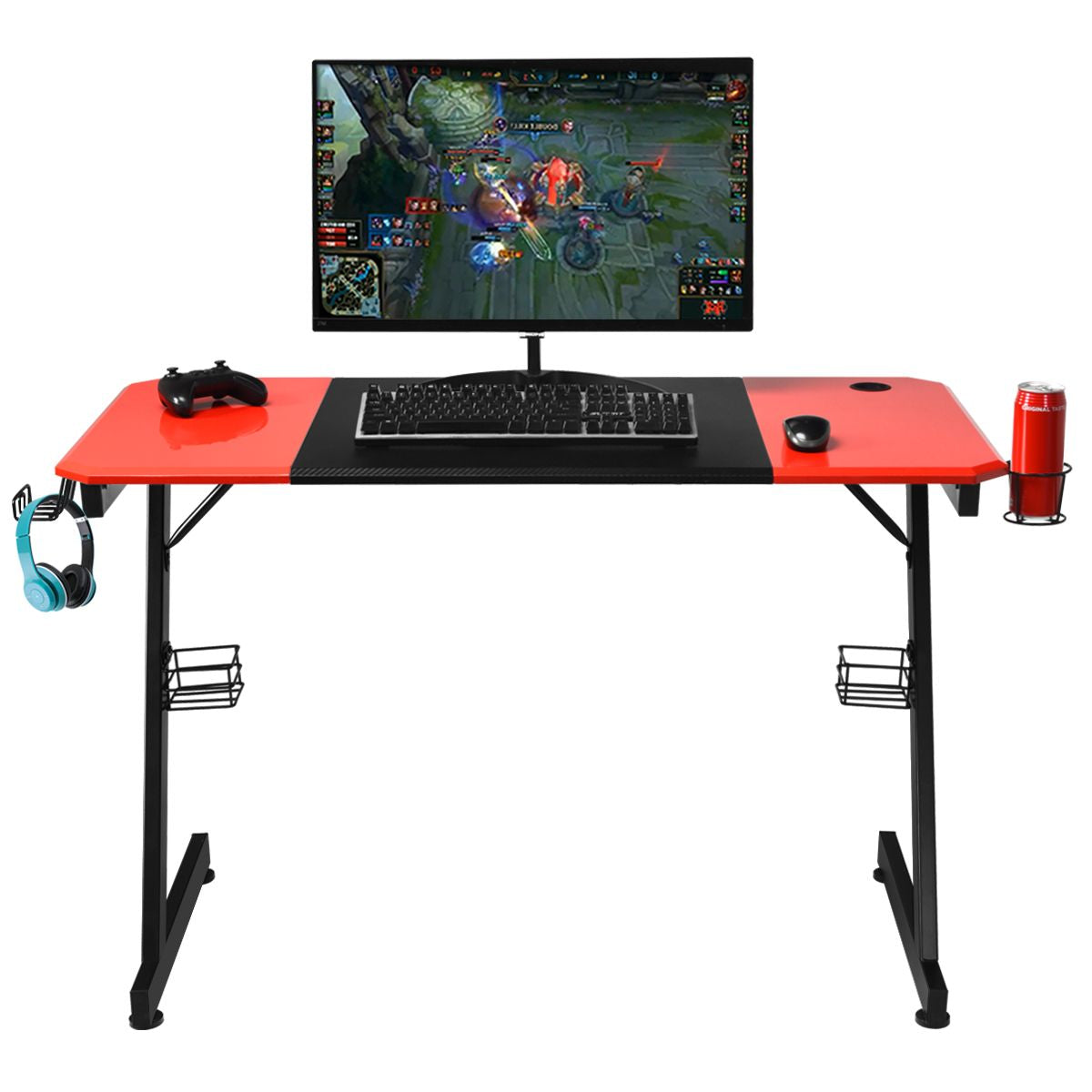 Z-Shape Gaming Desk with Cup Holder, Headphone Hook, and Speaker Stand in Black/Red
