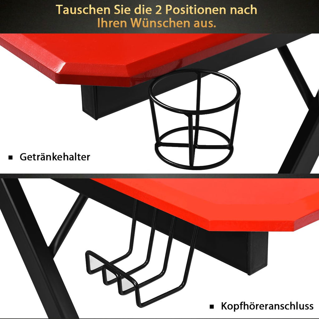 Z-Shape Gaming Desk with Cup Holder, Headphone Hook, and Speaker Stand in Black/Red