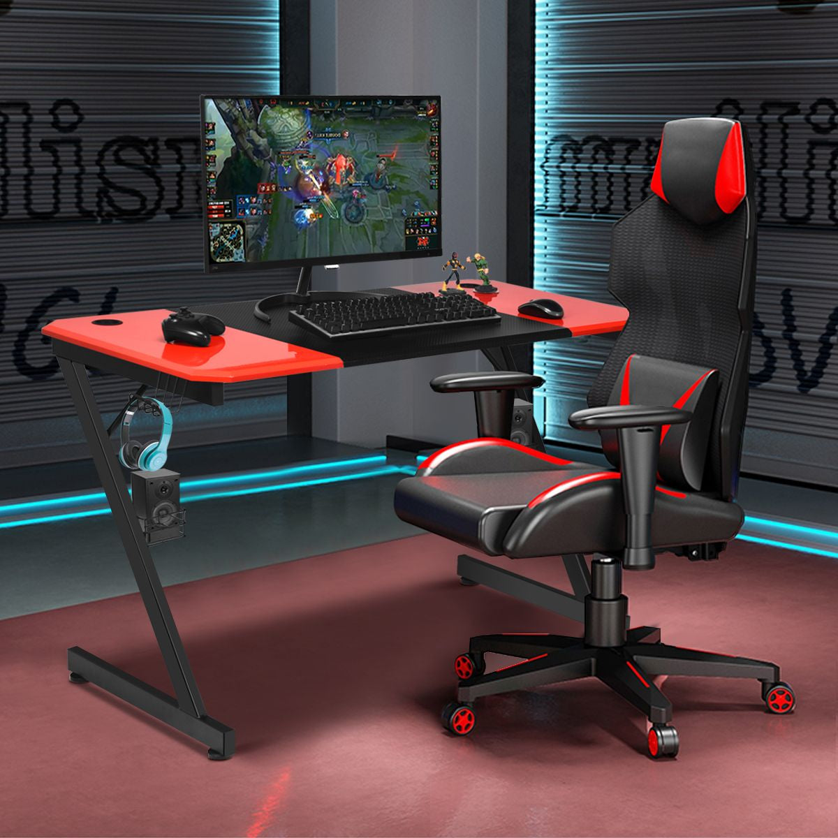 Z-Shape Gaming Desk with Cup Holder, Headphone Hook, and Speaker Stand in Black/Red