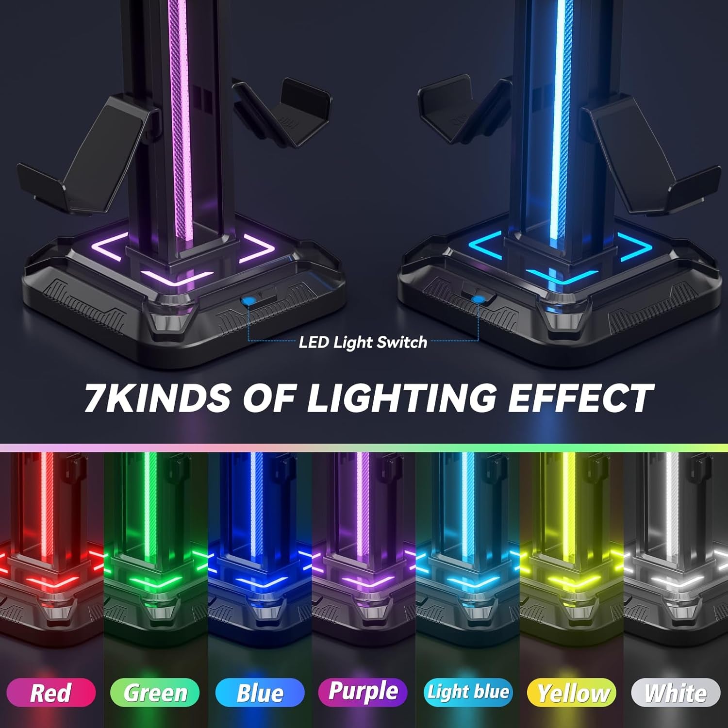 KDD RGB Gaming Headset Stand with 9 Light Modes - Rotating Controller Holder & Removable Hook for PS5, Xbox One & PC (Black)