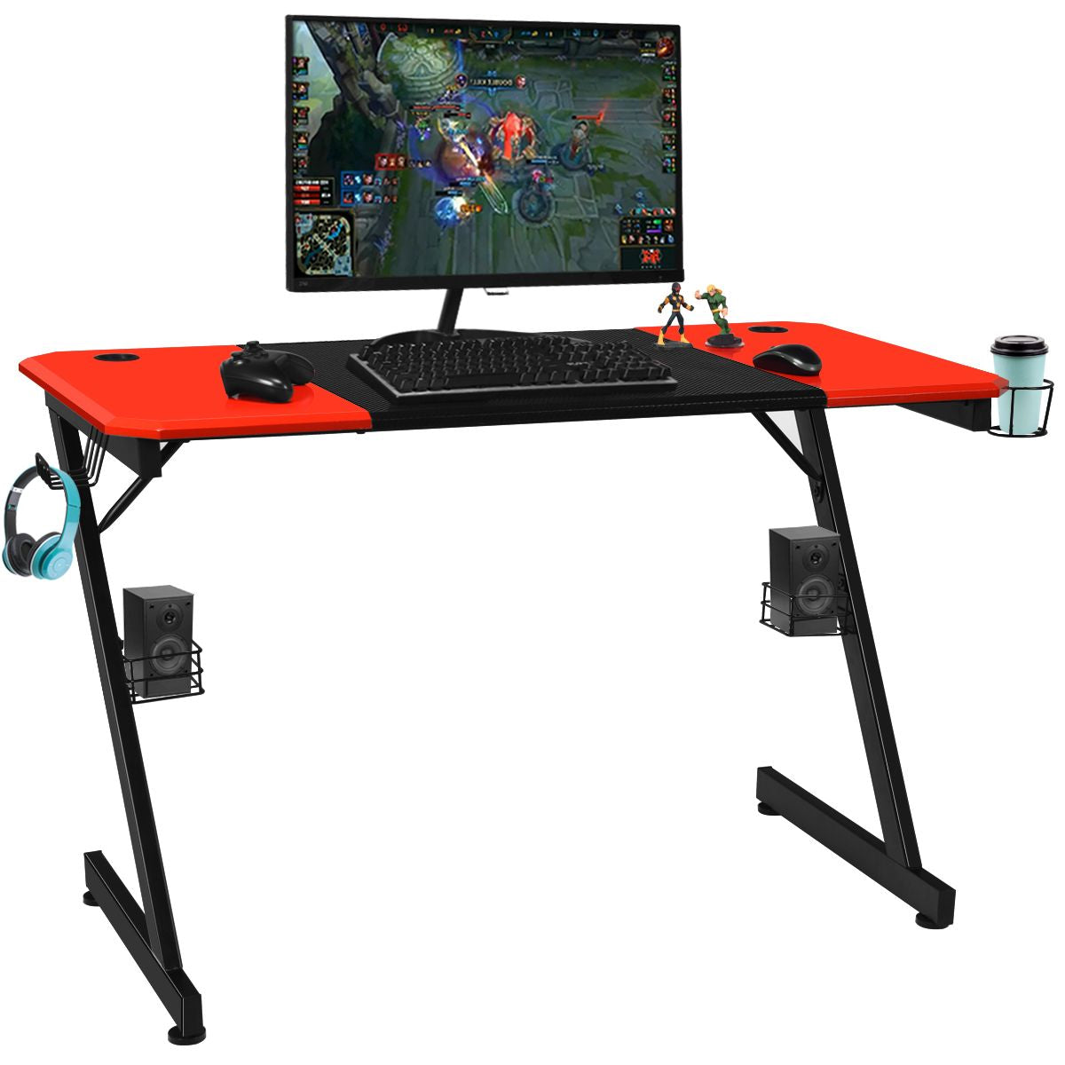 Z-Shape Gaming Desk with Cup Holder, Headphone Hook, and Speaker Stand in Black/Red