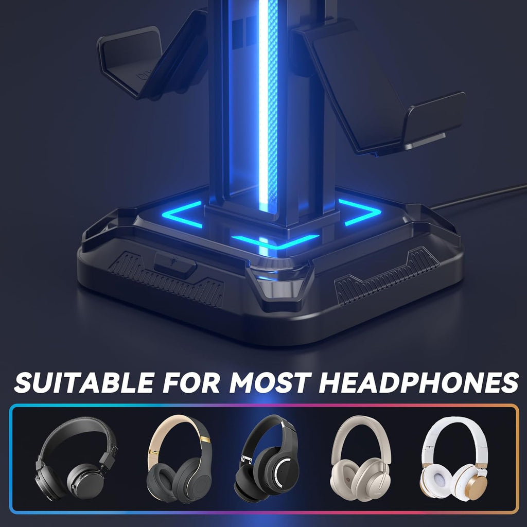 KDD RGB Gaming Headset Stand with 9 Light Modes - Rotating Controller Holder & Removable Hook for PS5, Xbox One & PC (Black)