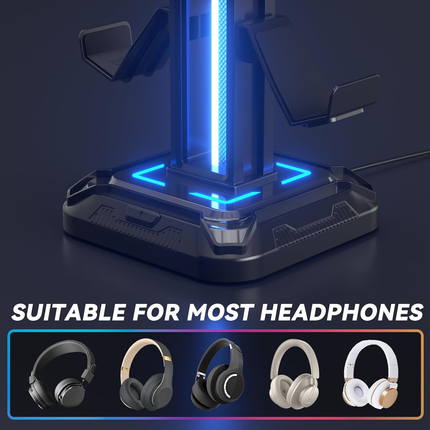 KDD RGB Gaming Headset Stand with 9 Light Modes - Rotating Controller Holder & Removable Hook for PS5, Xbox One & PC (Black)