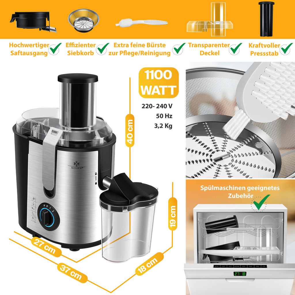 KESSER® 1100W Stainless Steel Fruit Juicer - Powerful 85mm Juice Press for Freshly Squeezed Goodness
