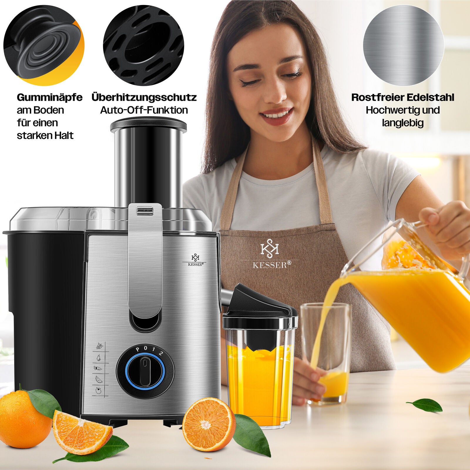 KESSER® 1100W Stainless Steel Fruit Juicer - Powerful 85mm Juice Press for Freshly Squeezed Goodness