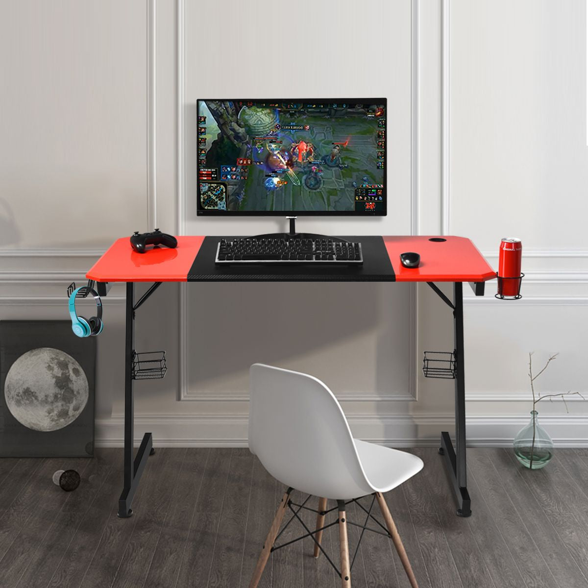 Z-Shape Gaming Desk with Cup Holder, Headphone Hook, and Speaker Stand in Black/Red