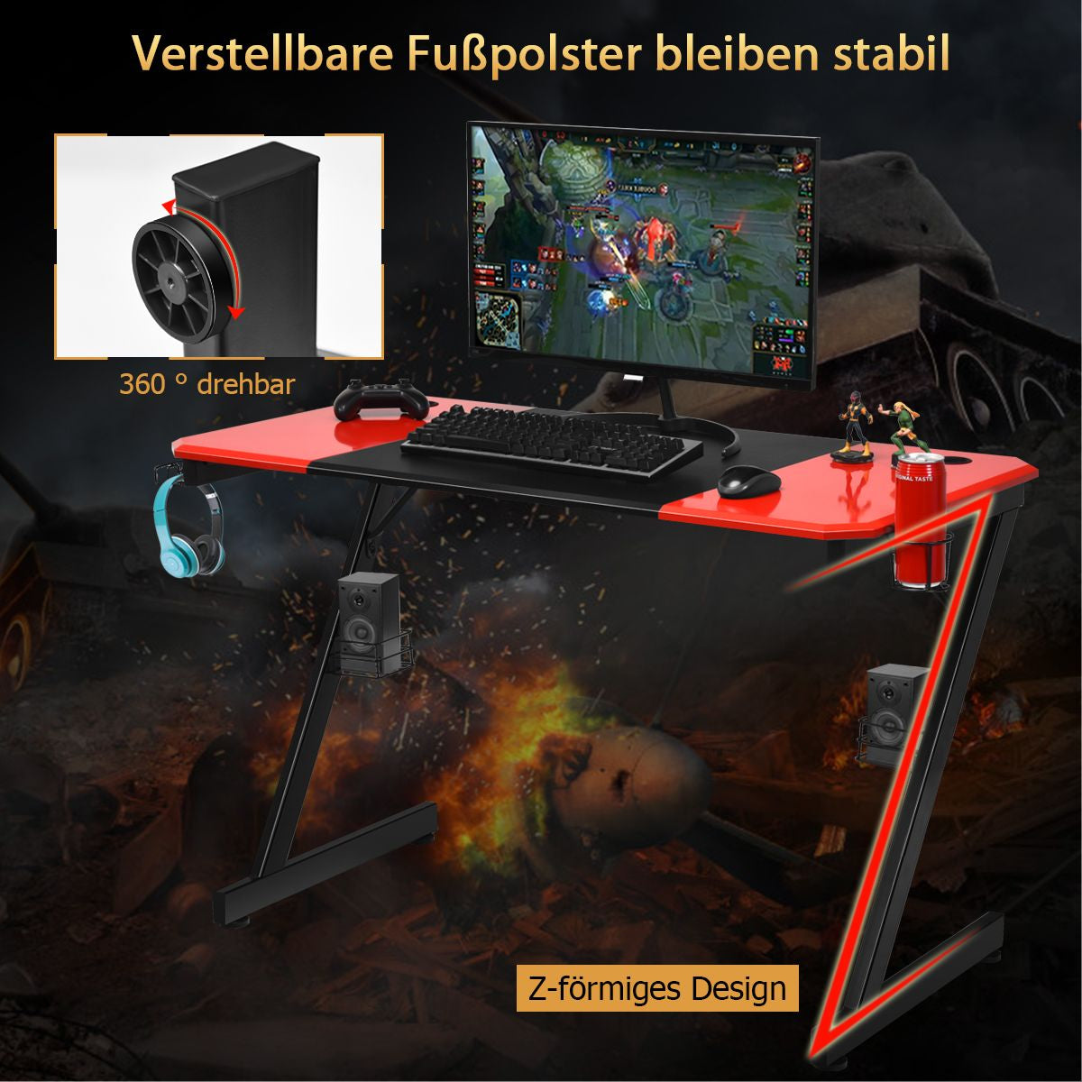 Z-Shape Gaming Desk with Cup Holder, Headphone Hook, and Speaker Stand in Black/Red