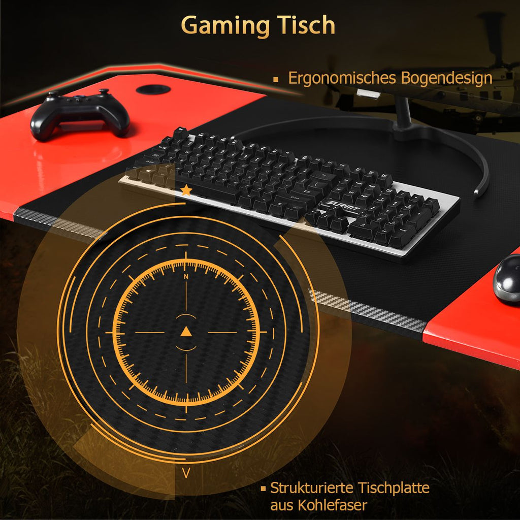 Z-Shape Gaming Desk with Cup Holder, Headphone Hook, and Speaker Stand in Black/Red