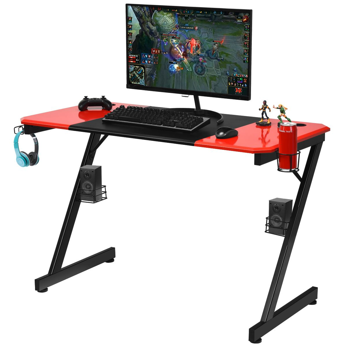 Z-Shape Gaming Desk with Cup Holder, Headphone Hook, and Speaker Stand in Black/Red