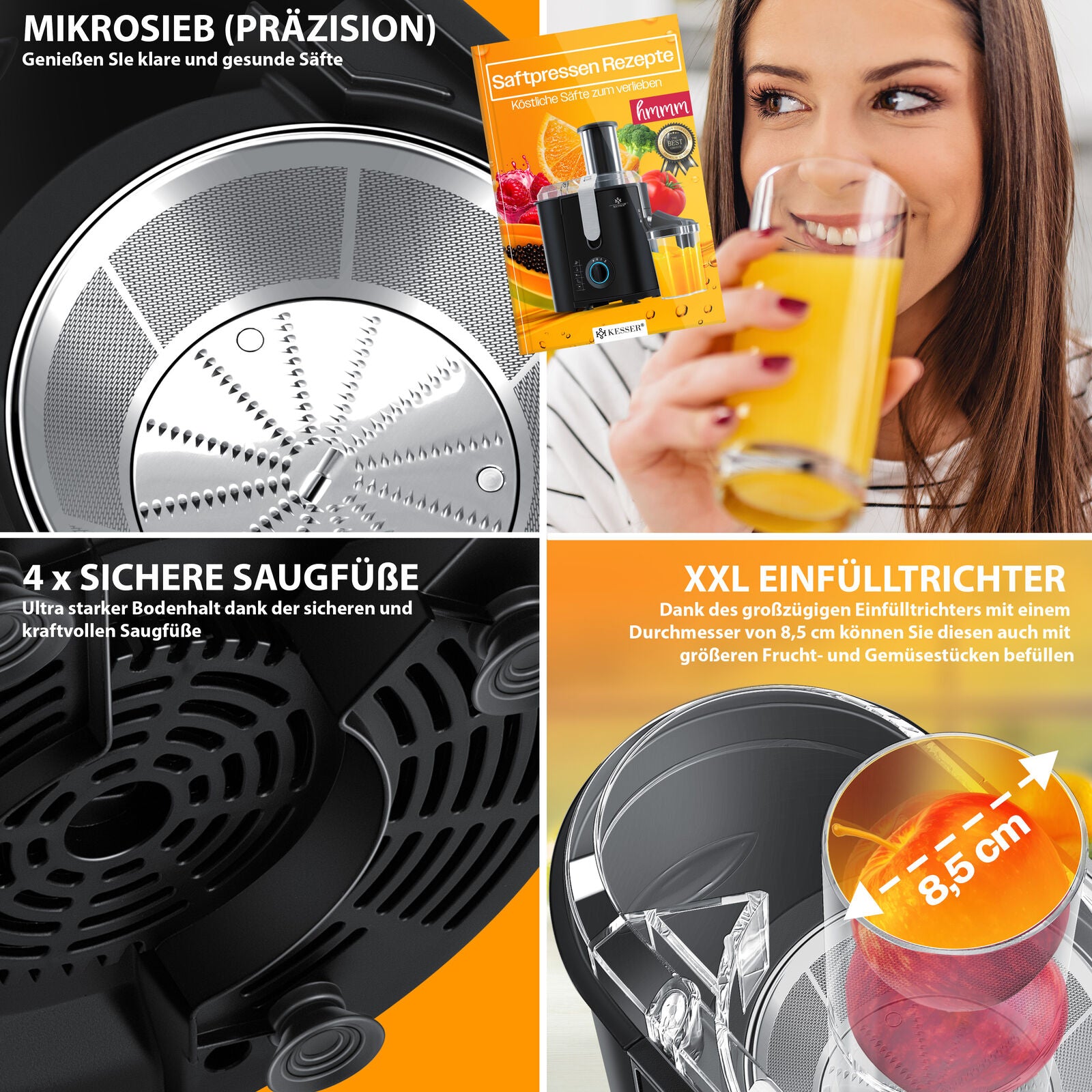 KESSER® 1100W Stainless Steel Fruit Juicer - Powerful 85mm Juice Press for Freshly Squeezed Goodness